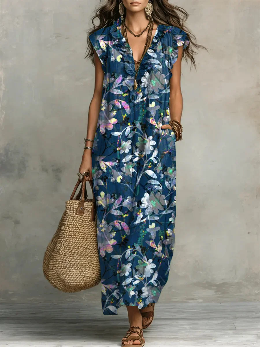 Women's Striped Art Print Casual Ruffled Stylish Cotton Linen Dress