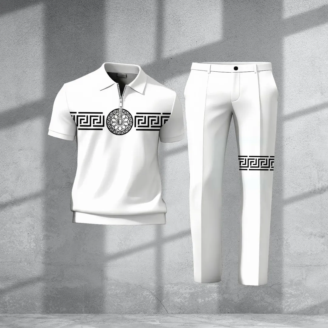 Men's Casual Retro Print Polo Collar Zipper Short-Sleeve Pants Two-Piece Set