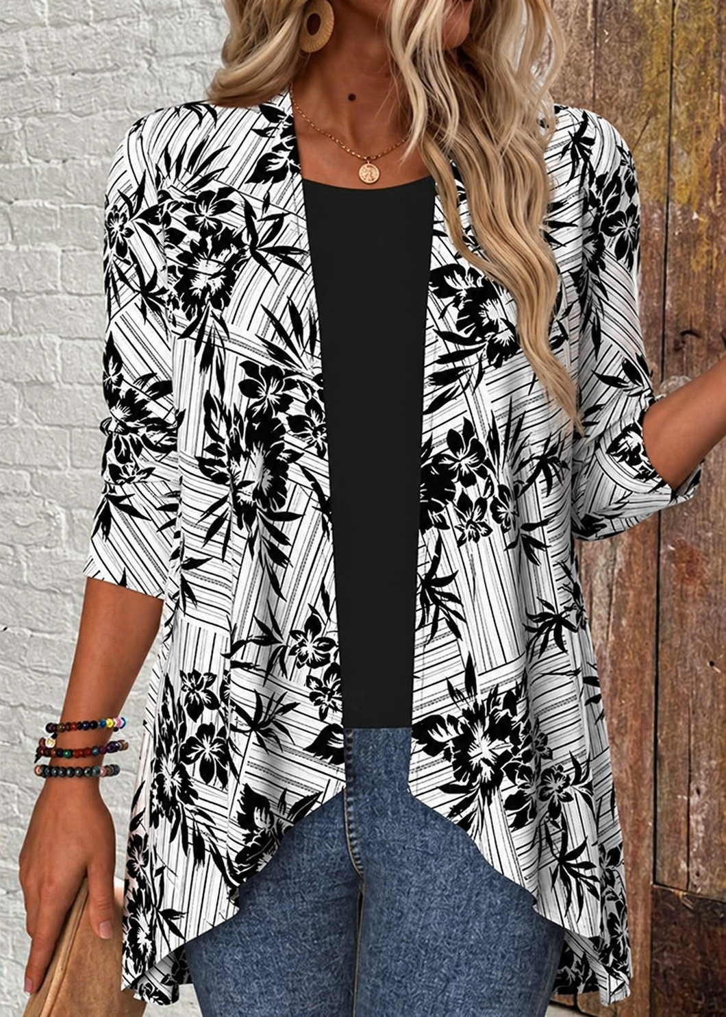 Tops For Women ROTITA PatchworkGeometric Print Long Sleeve Light Cardigan