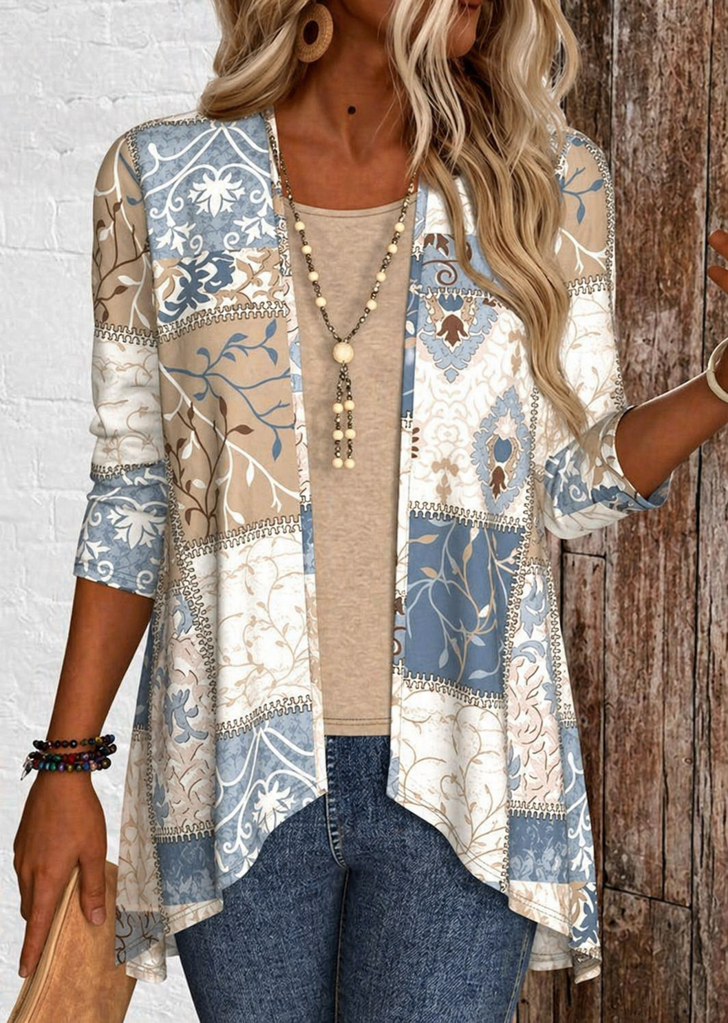 Tops For Women ROTITA PatchworkGeometric Print Long Sleeve Light Cardigan
