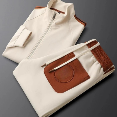 Retro Brown Athletic Set - Full-Zip Jacket & Joggers with Elastic Waistband