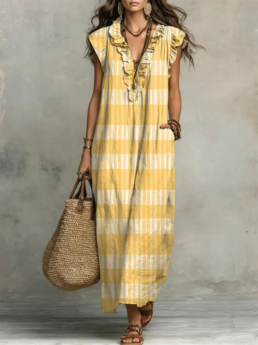 Women's Striped Art Print Casual Ruffled Stylish Cotton Linen Dress