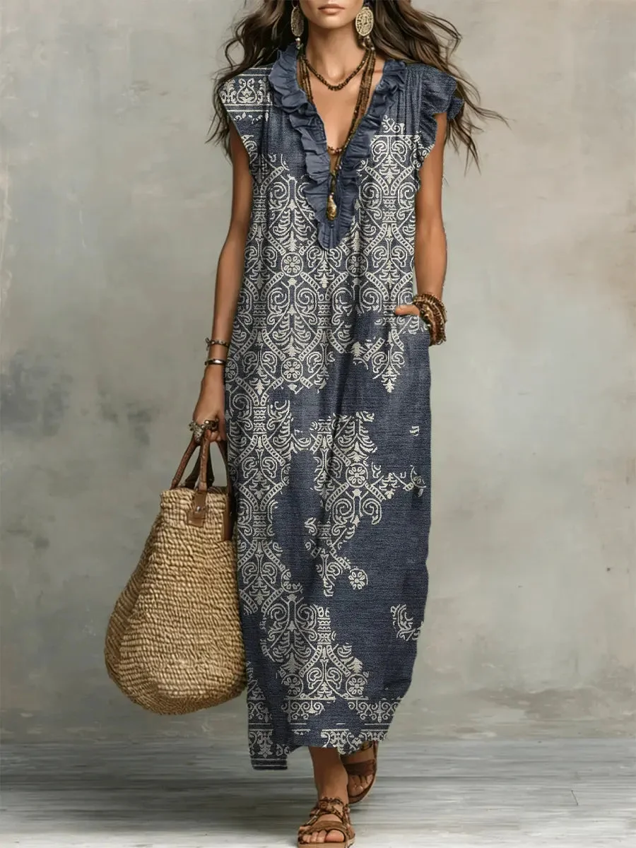 Women's Striped Art Print Casual Ruffled Stylish Cotton Linen Dress