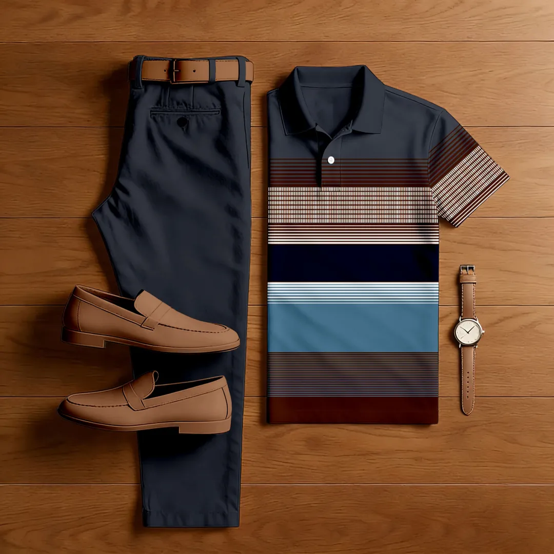 Men's Casual Color Matching Printed Polo-Collar Short Sleeved Trousers Two-Piece Set