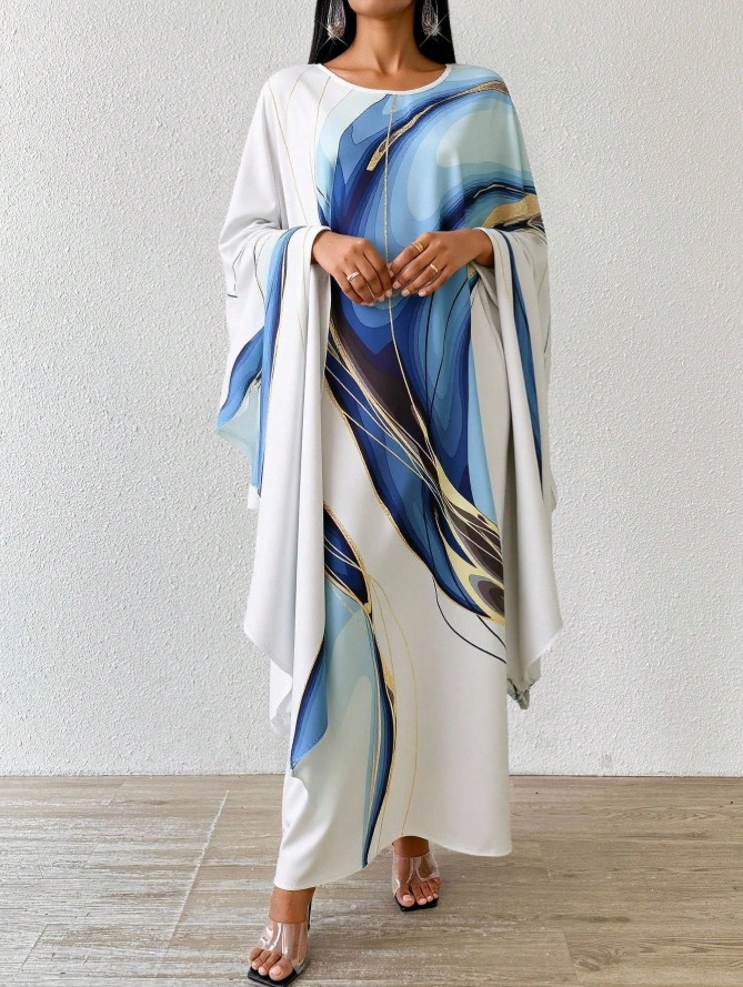 Abstract Marble Print Kaftan Maxi Dress | Flowy Batwing Sleeve Loose Fit