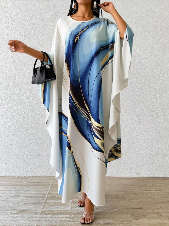Abstract Marble Print Kaftan Maxi Dress | Flowy Batwing Sleeve Loose Fit