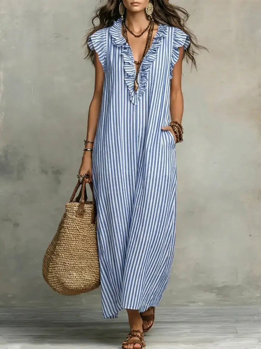 Women's Striped Art Print Casual Ruffled Stylish Cotton Linen Dress