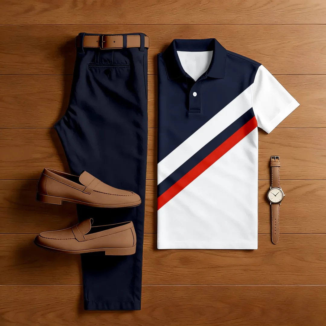Men's Casual Color Matching Printed Polo-Collar Short Sleeved Trousers Two-Piece Set