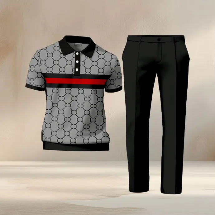 Men's Casual Retro Print Polo Collar Zipper Short-Sleeve Pants Two-Piece Set