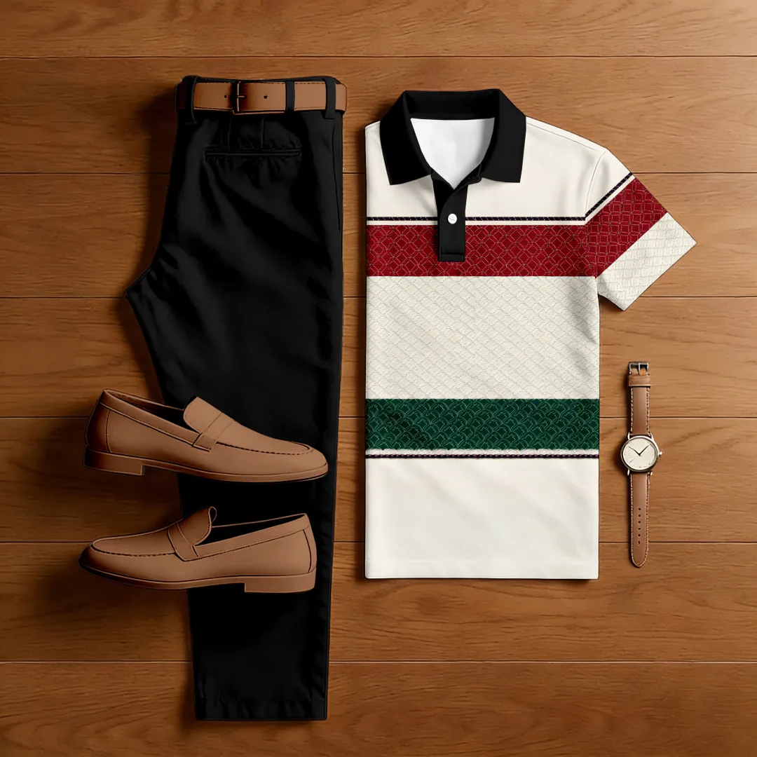 Men's Casual Color Matching Printed Polo-Collar Short Sleeved Trousers Two-Piece Set