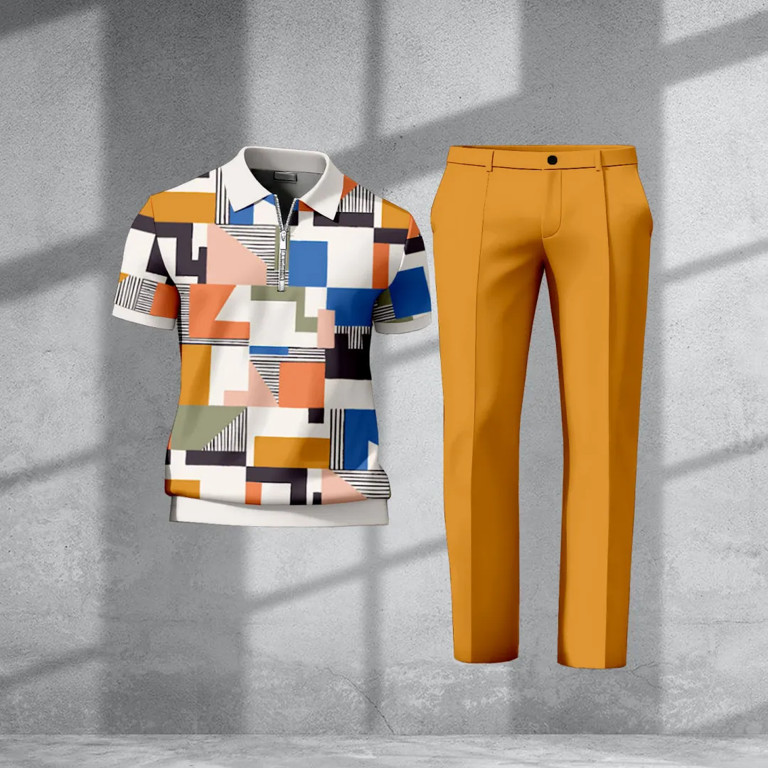 Men's Casual Retro Print Polo Collar Zipper Short-Sleeve Pants Two-Piece Set