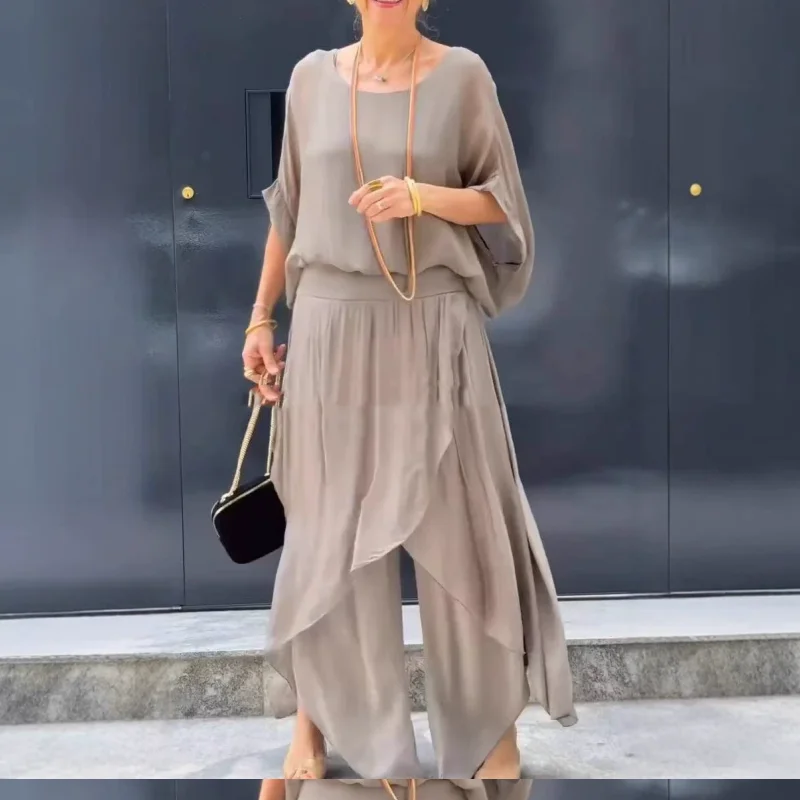 Loose Top & Slit Wide-Leg Pants Chiffon 2-Piece Set
