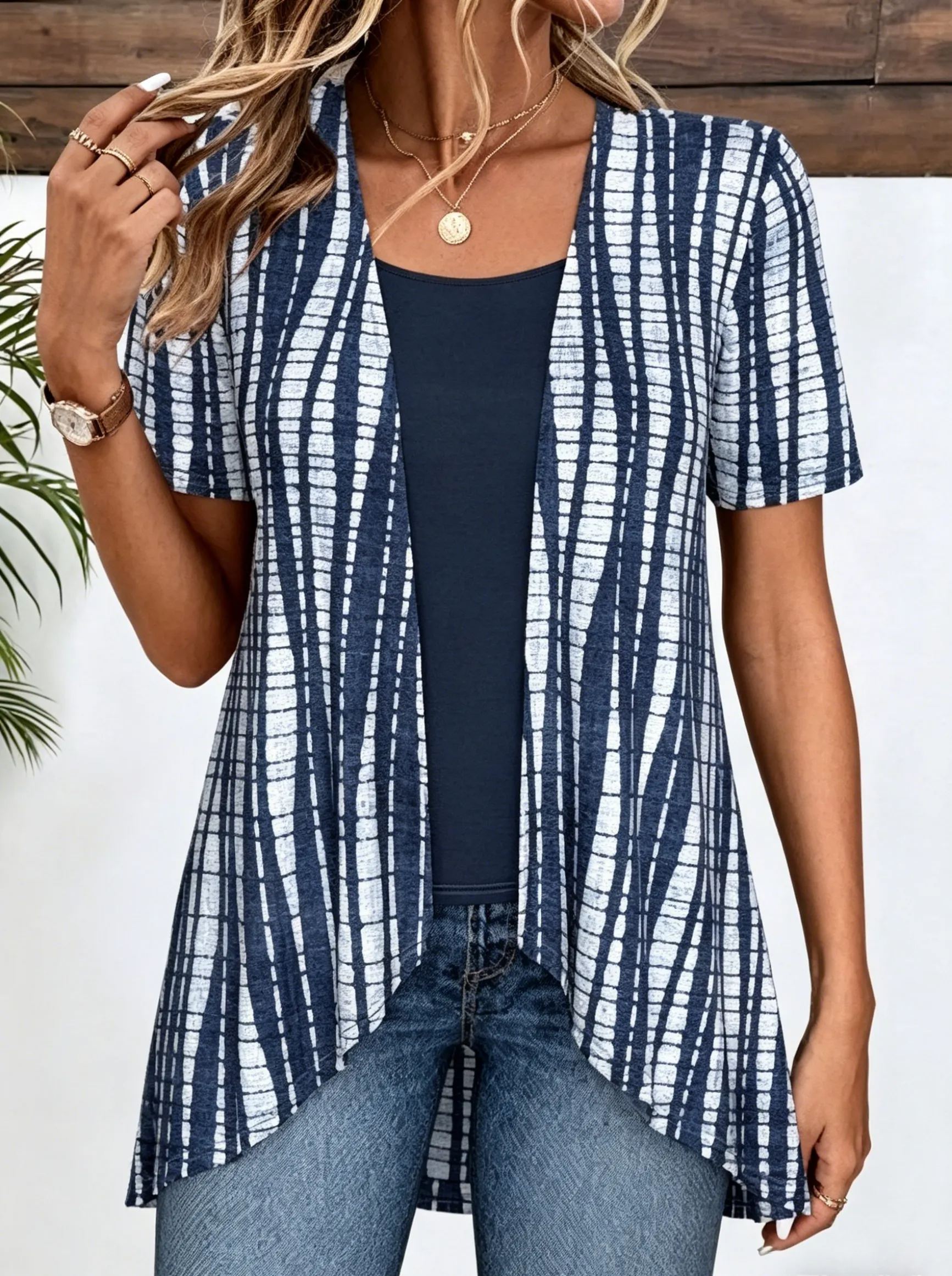 Tops For Women ROTITA PatchworkGeometric Print Long Sleeve Light Cardigan