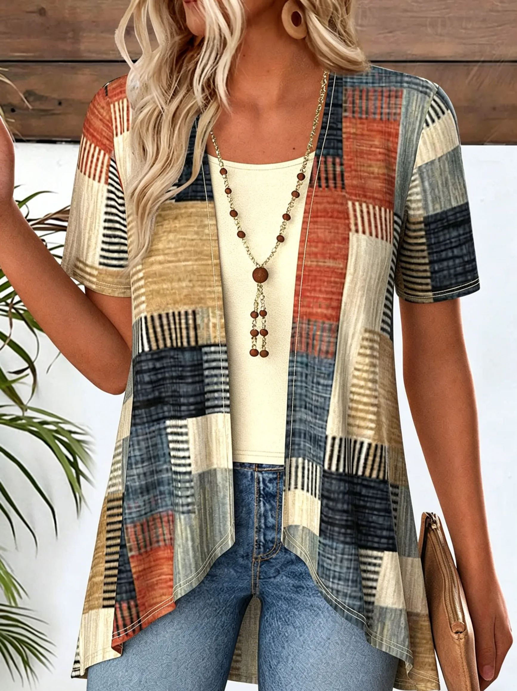 Tops For Women ROTITA PatchworkGeometric Print Long Sleeve Light Cardigan