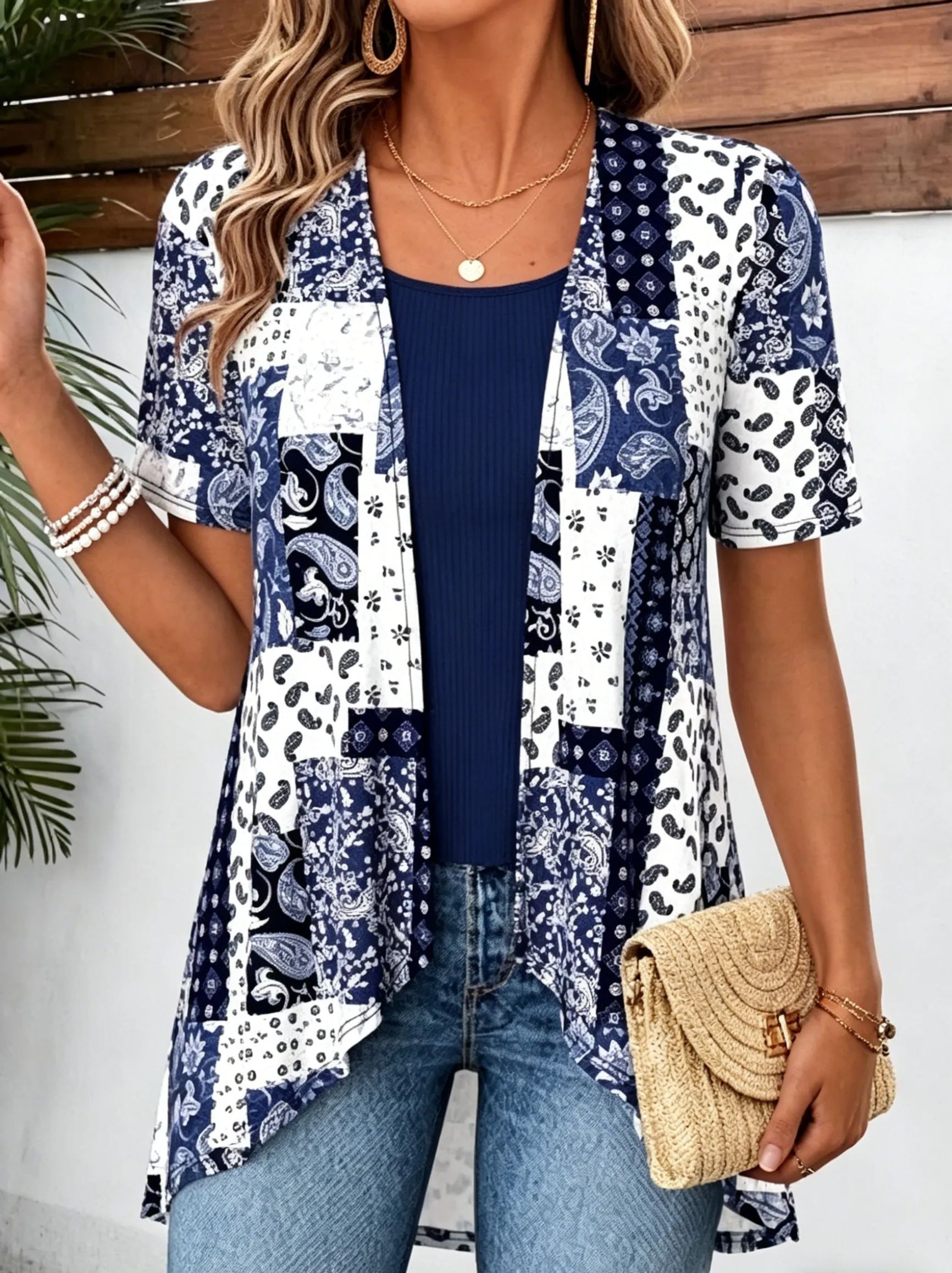Tops For Women ROTITA PatchworkGeometric Print Long Sleeve Light Cardigan