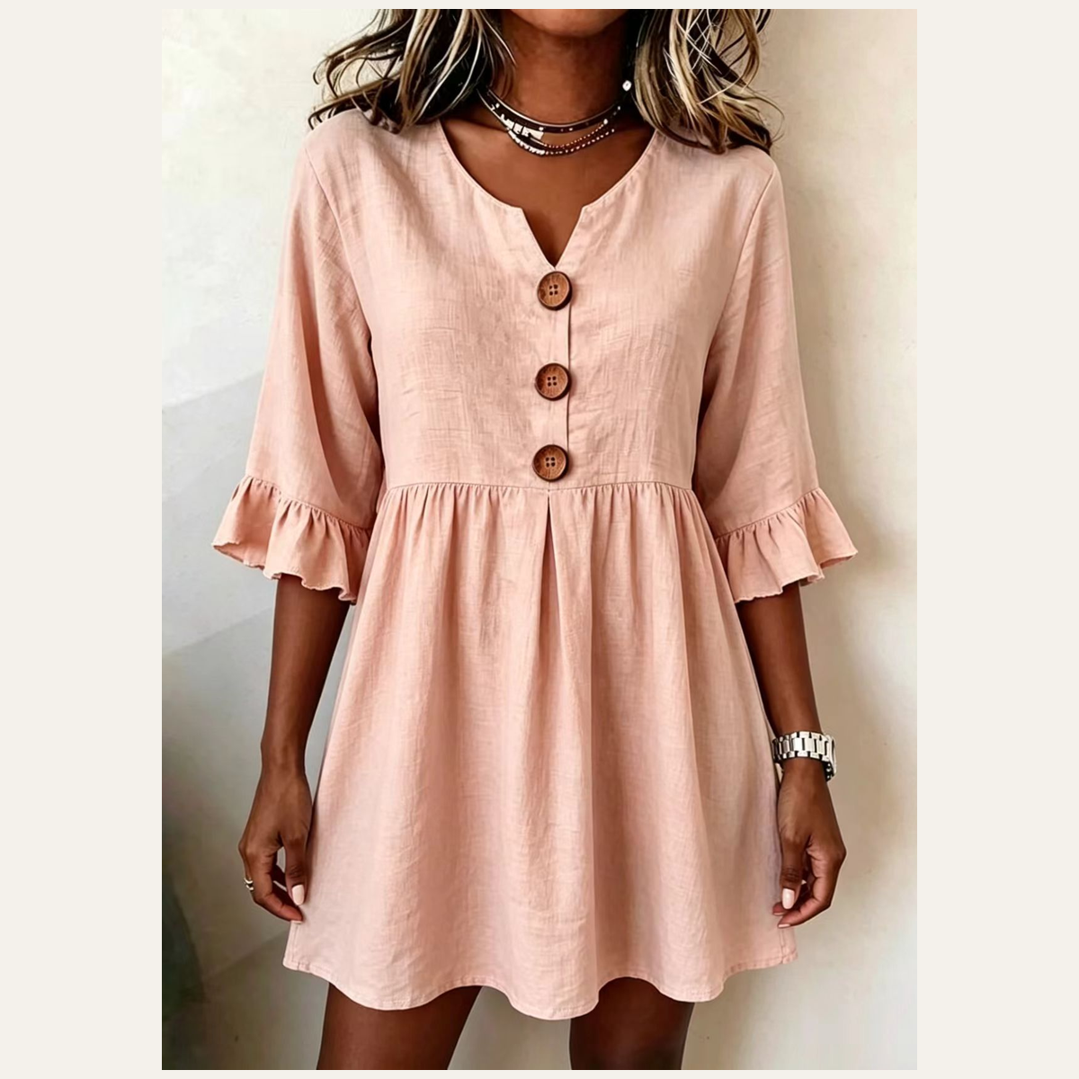 NL0715002 Couleur Robe aspect lin rose tendre avec boutons