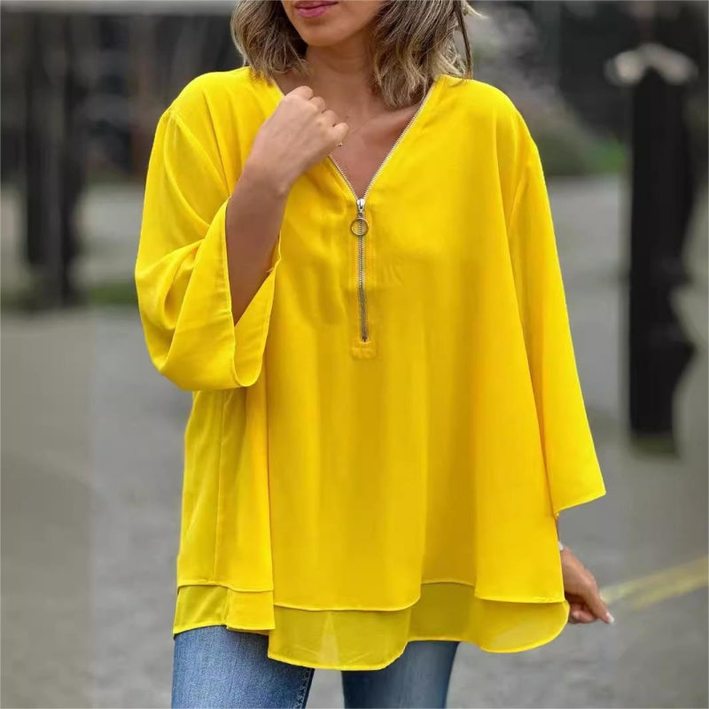 💖Double-Layer V-neck Zipper 3/4 Sleeves Soft Tops