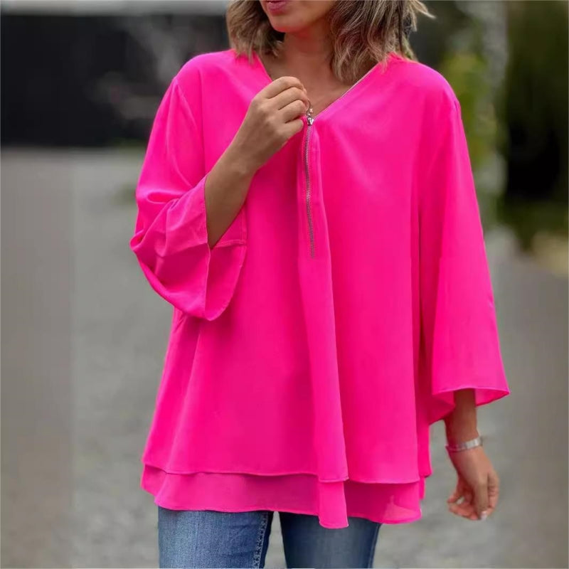 💖Double-Layer V-neck Zipper 3/4 Sleeves Soft Tops