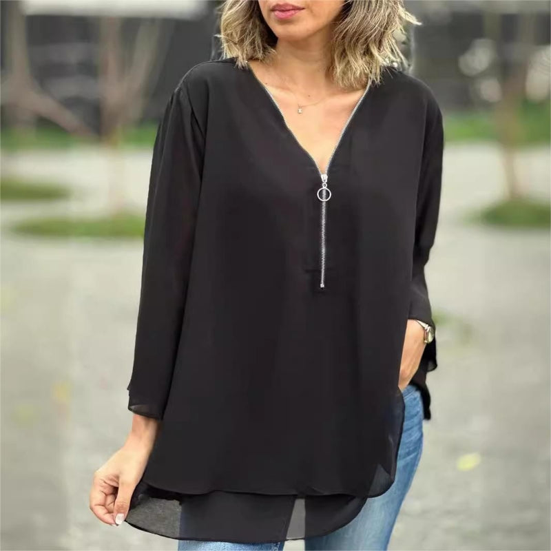💖Double-Layer V-neck Zipper 3/4 Sleeves Soft Tops
