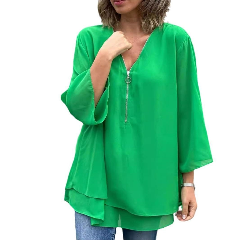 💖Double-Layer V-neck Zipper 3/4 Sleeves Soft Tops