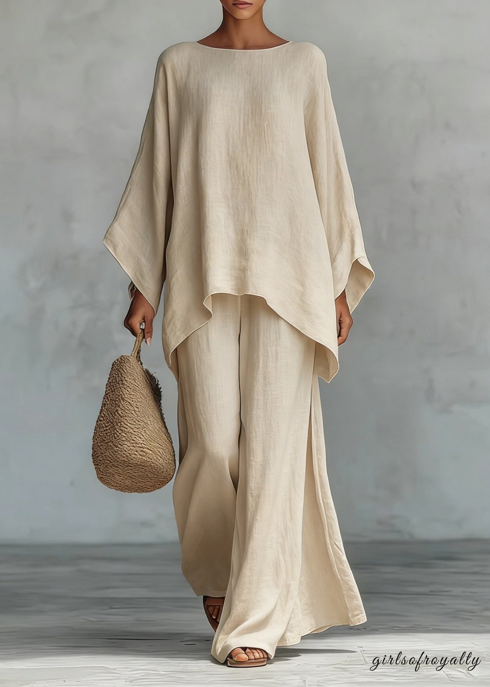 Women's Linen Blend Two-Piece Set – Oversized Top & Wide Leg Pants