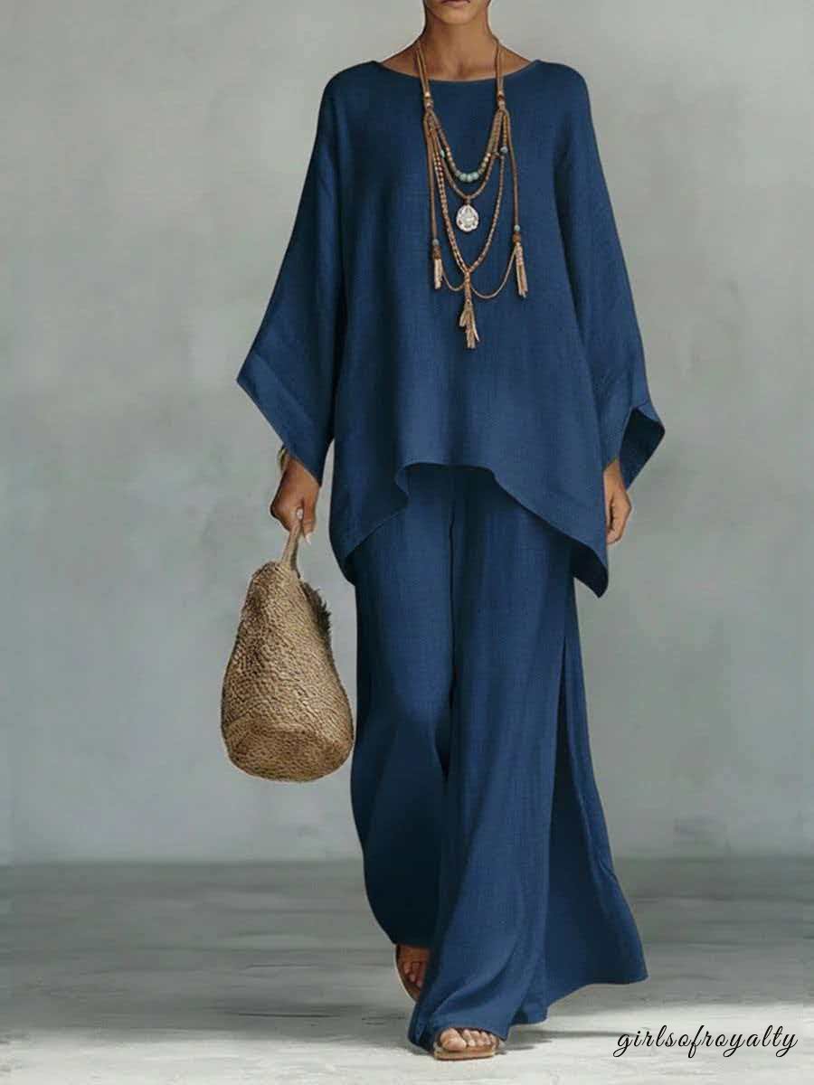 Women's Linen Blend Two-Piece Set – Oversized Top & Wide Leg Pants