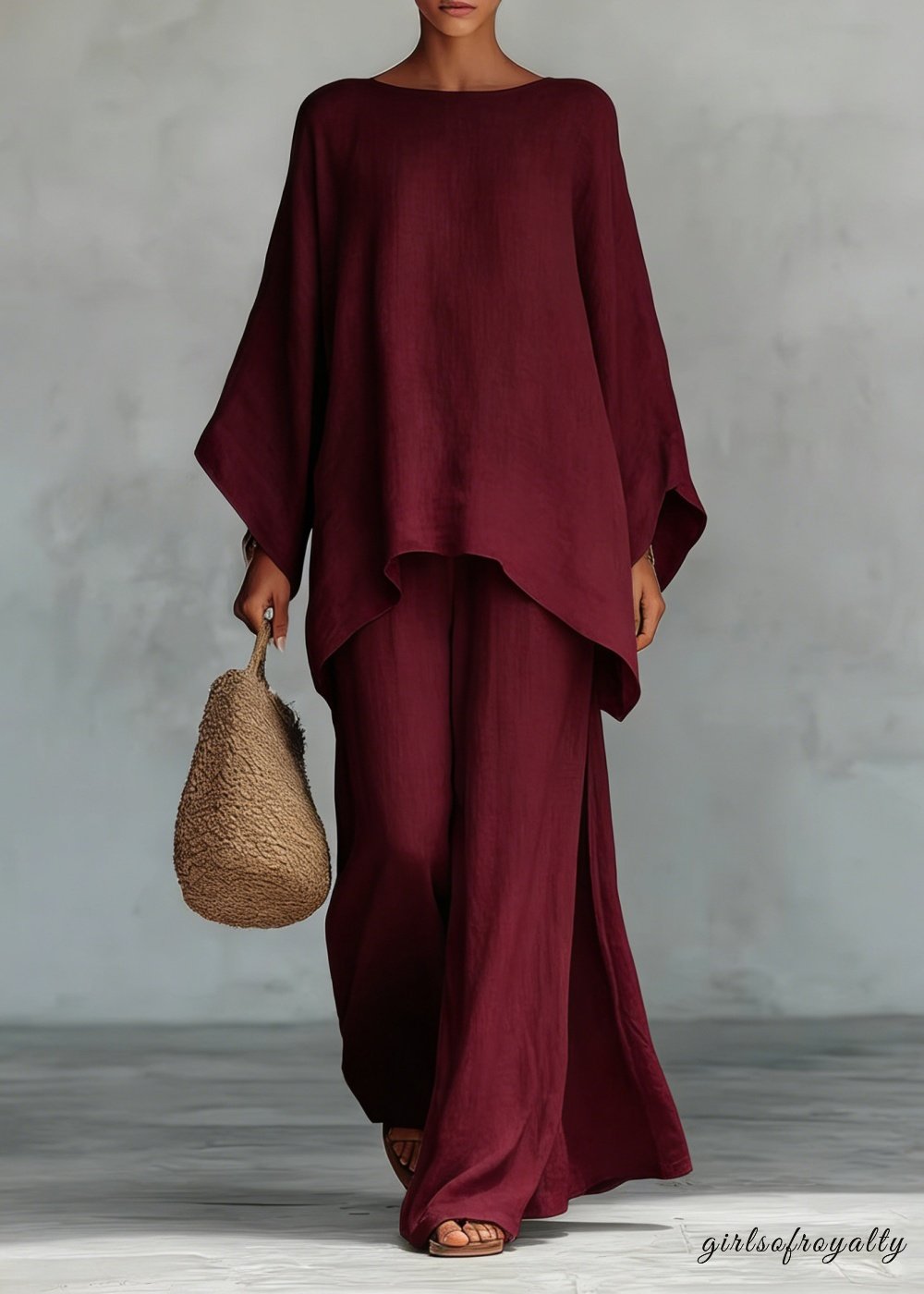 Women's Linen Blend Two-Piece Set – Oversized Top & Wide Leg Pants