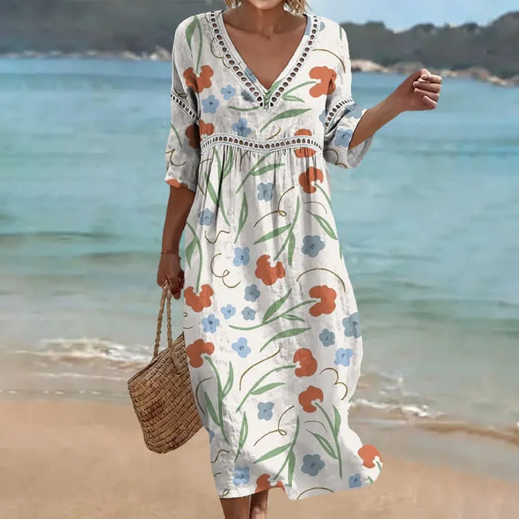 Damen-Komfort-Kleid aus Baumwolle-Leinen-Mix mit Print