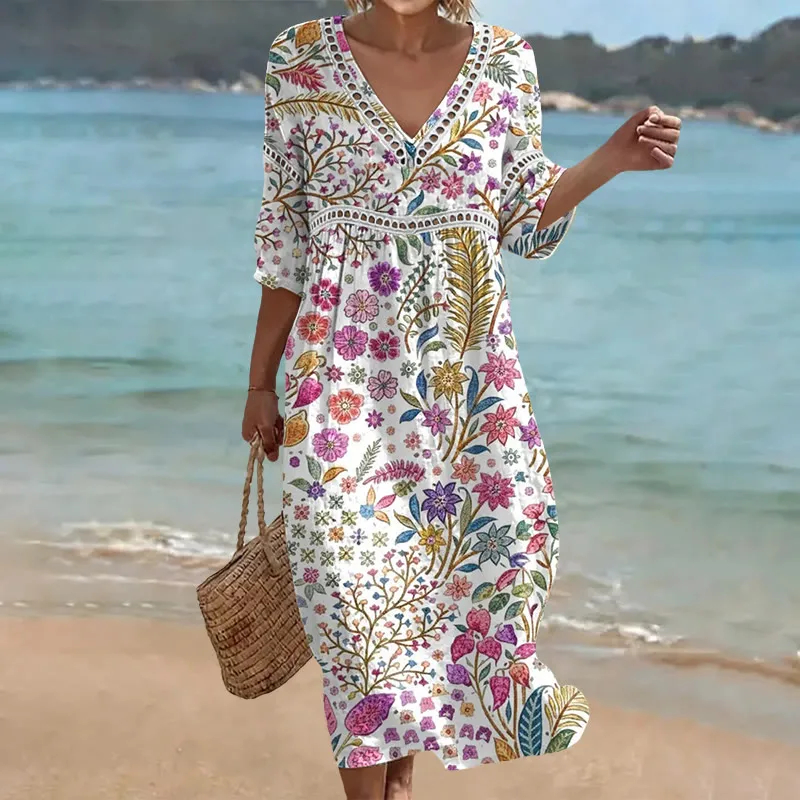 Damen-Komfort-Kleid aus Baumwolle-Leinen-Mix mit Print