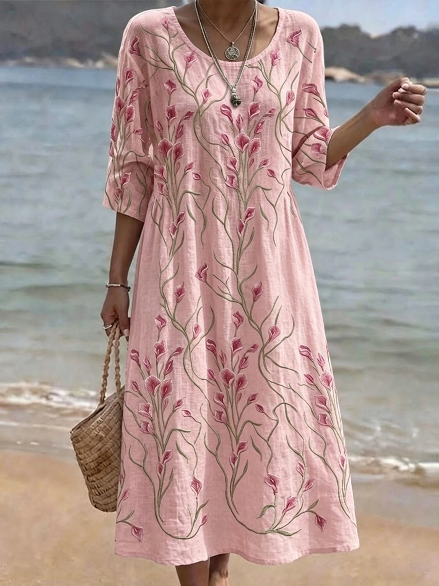 Leichtes Komfort Sommerkleid mit elegantem Rundhals Ausschnitt