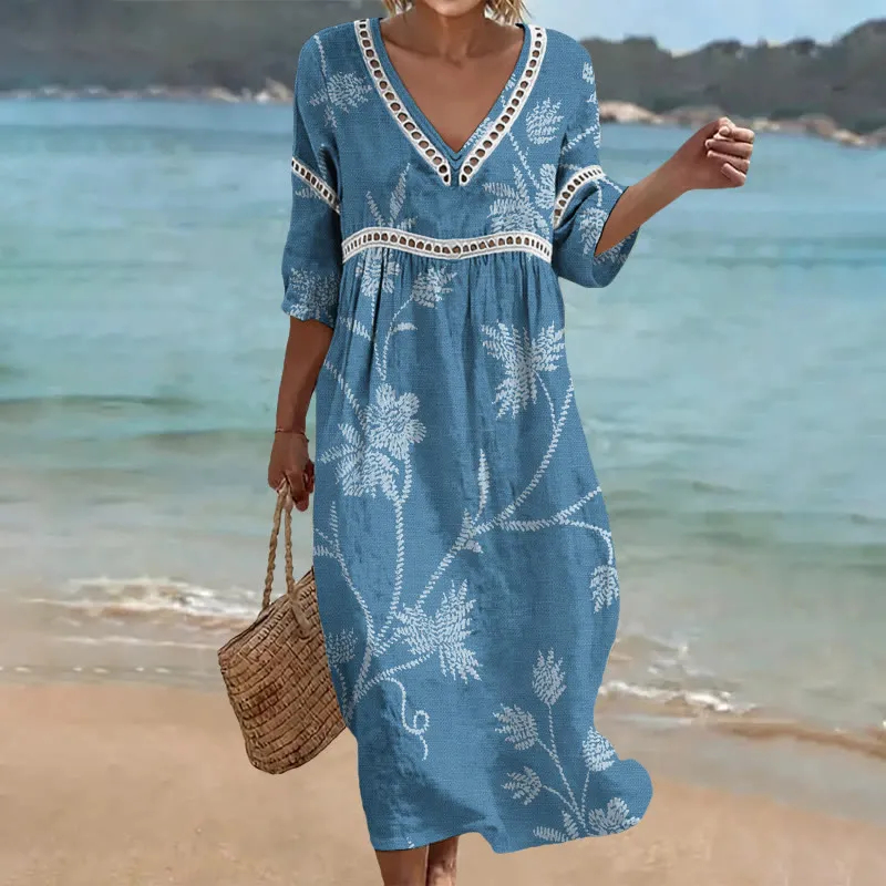 Damen-Komfort-Kleid aus Baumwolle-Leinen-Mix mit Print