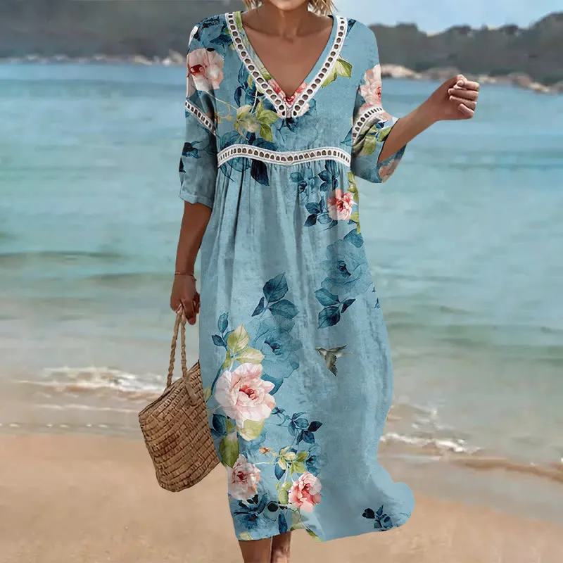 Damen-Komfort-Kleid aus Baumwolle-Leinen-Mix mit Print