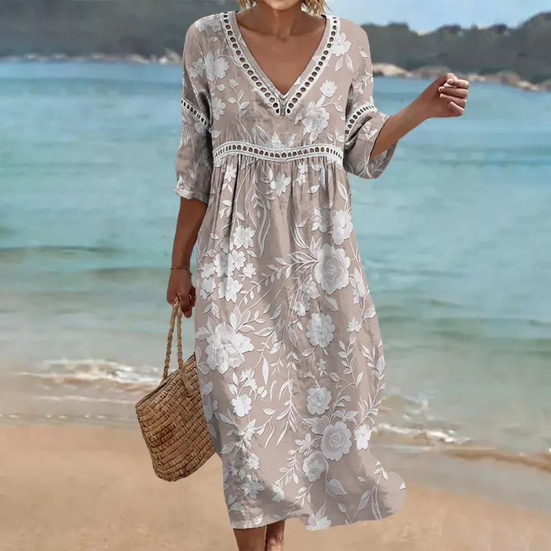 Damen-Komfort-Kleid aus Baumwolle-Leinen-Mix mit Print