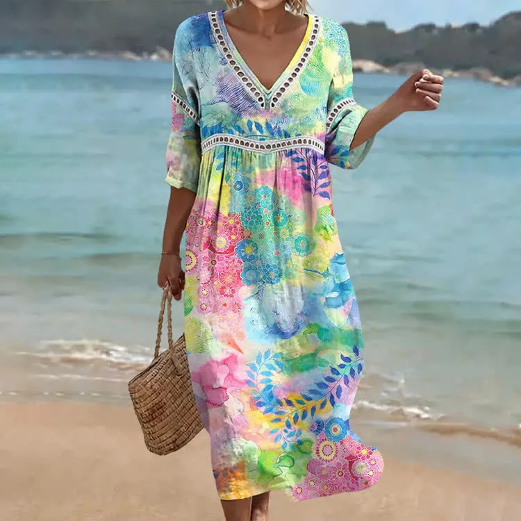 Damen-Komfort-Kleid aus Baumwolle-Leinen-Mix mit Print