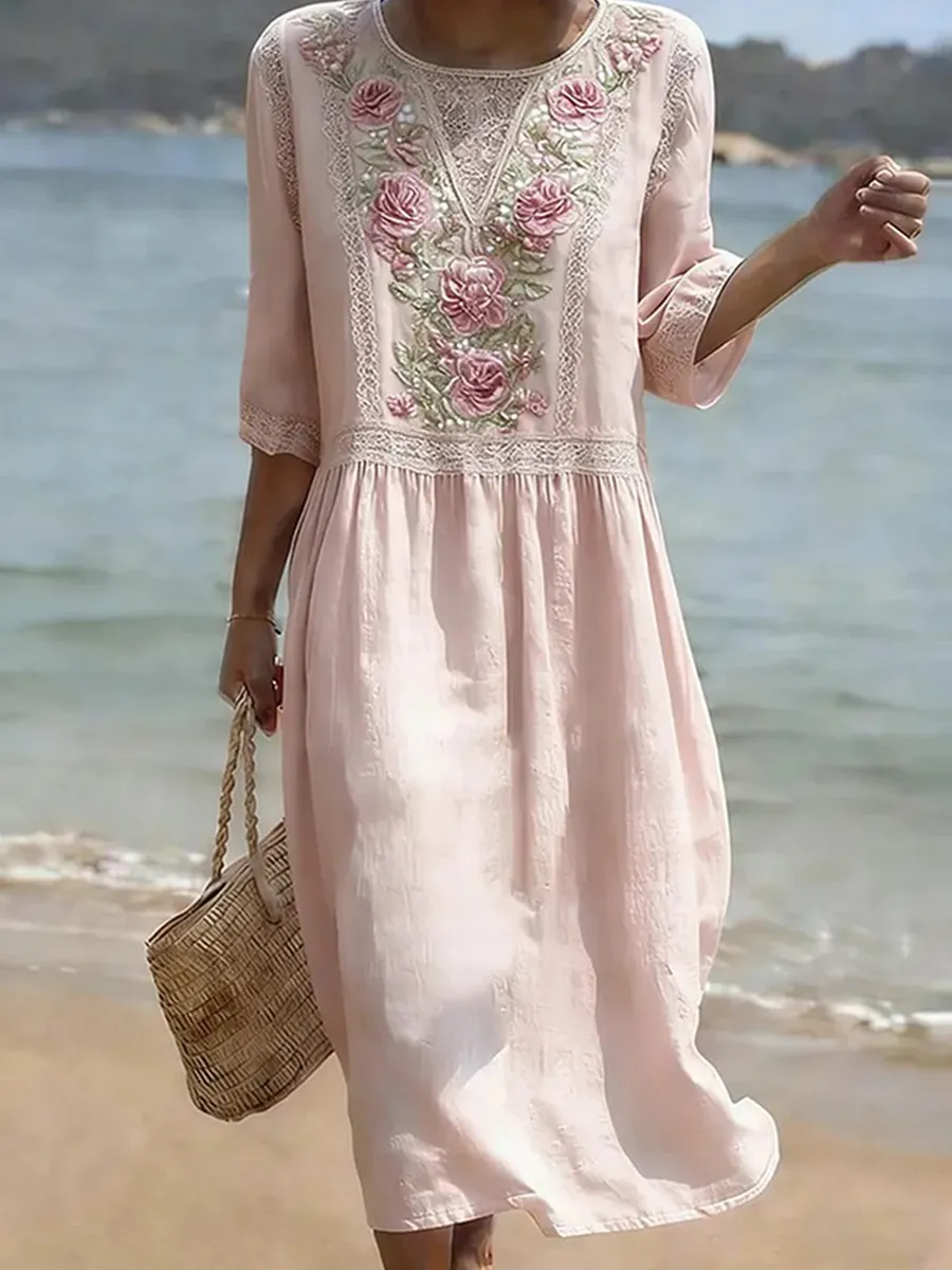 Leichtes Komfort Sommerkleid mit elegantem Rundhals Ausschnitt