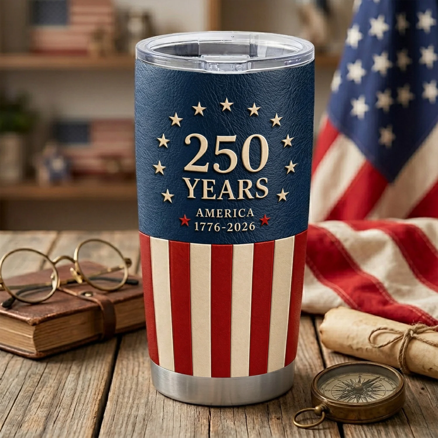 America 250th Anniversary 1776-2026 Commemorative Patriotic Eagle Luxury 3D Style Handle Tumbler