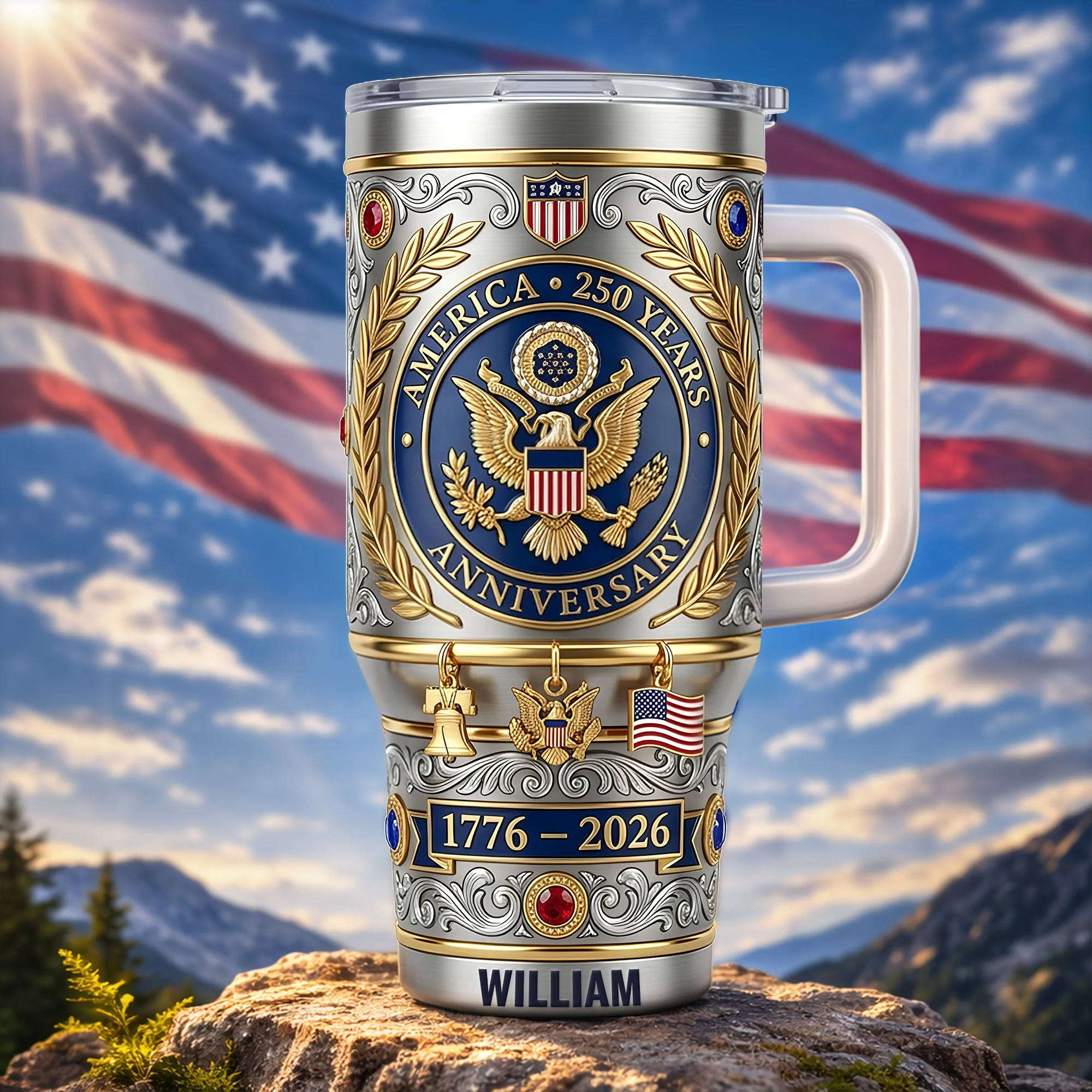 America 250th Anniversary 1776-2026 Commemorative Patriotic Eagle Luxury 3D Style Handle Tumbler