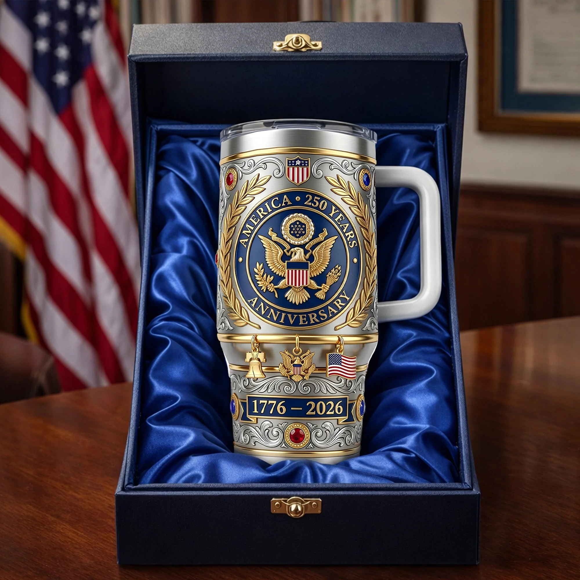America 250th Anniversary 1776-2026 Commemorative Patriotic Eagle Luxury 3D Style Handle Tumbler