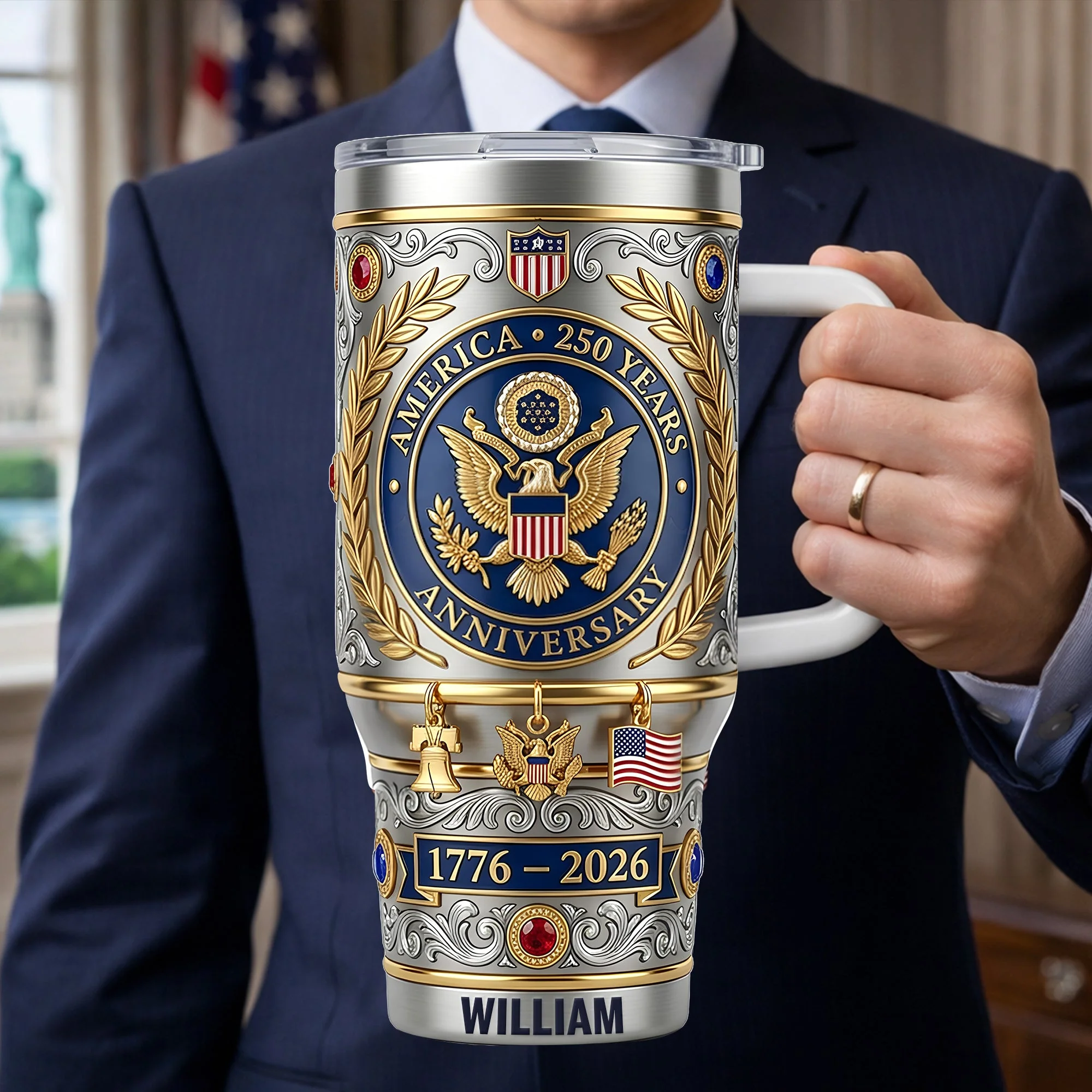 America 250th Anniversary 1776-2026 Commemorative Patriotic Eagle Luxury 3D Style Handle Tumbler