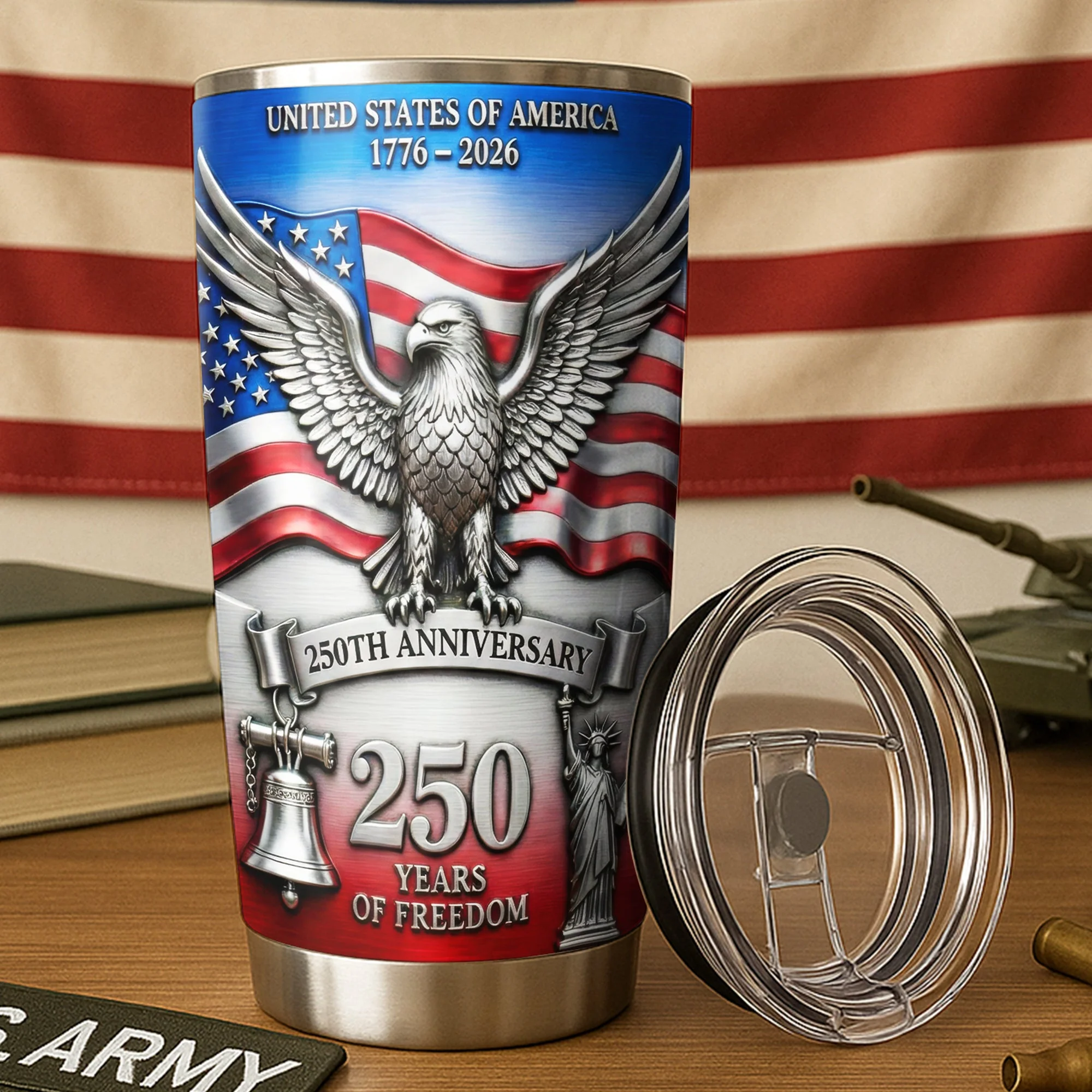 America 250th Anniversary 1776-2026 Commemorative Patriotic Eagle Luxury 3D Style Handle Tumbler
