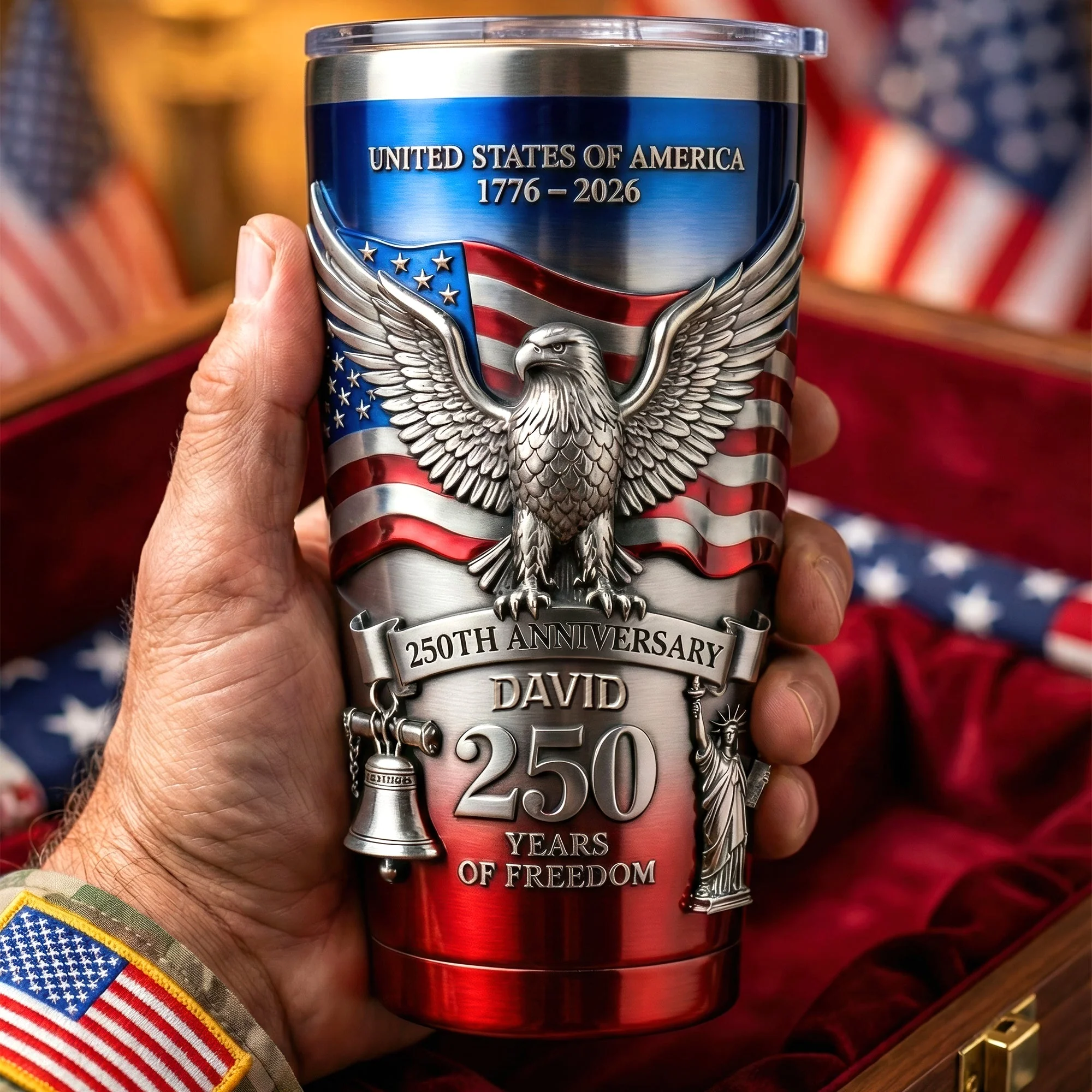 America 250th Anniversary 1776-2026 Commemorative Patriotic Eagle Luxury 3D Style Handle Tumbler