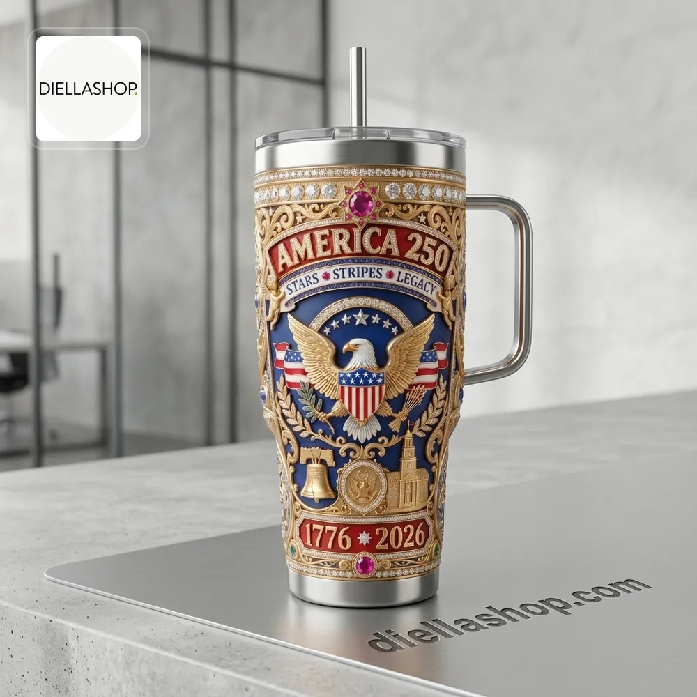 America 250th Anniversary 1776-2026 Commemorative Patriotic Eagle Luxury 3D Style Handle Tumbler