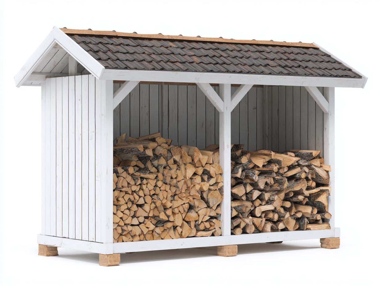 Kaminholzregal - Holz - 210 x 80 x 175 cm - Weiß-Braun - Landhausstil mit Ziegeldach-Kanorridecor