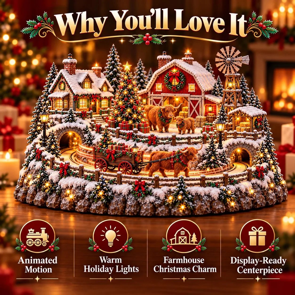 Highland cow Christmas village highlighting animated motion, warm lights and farmhouse charm