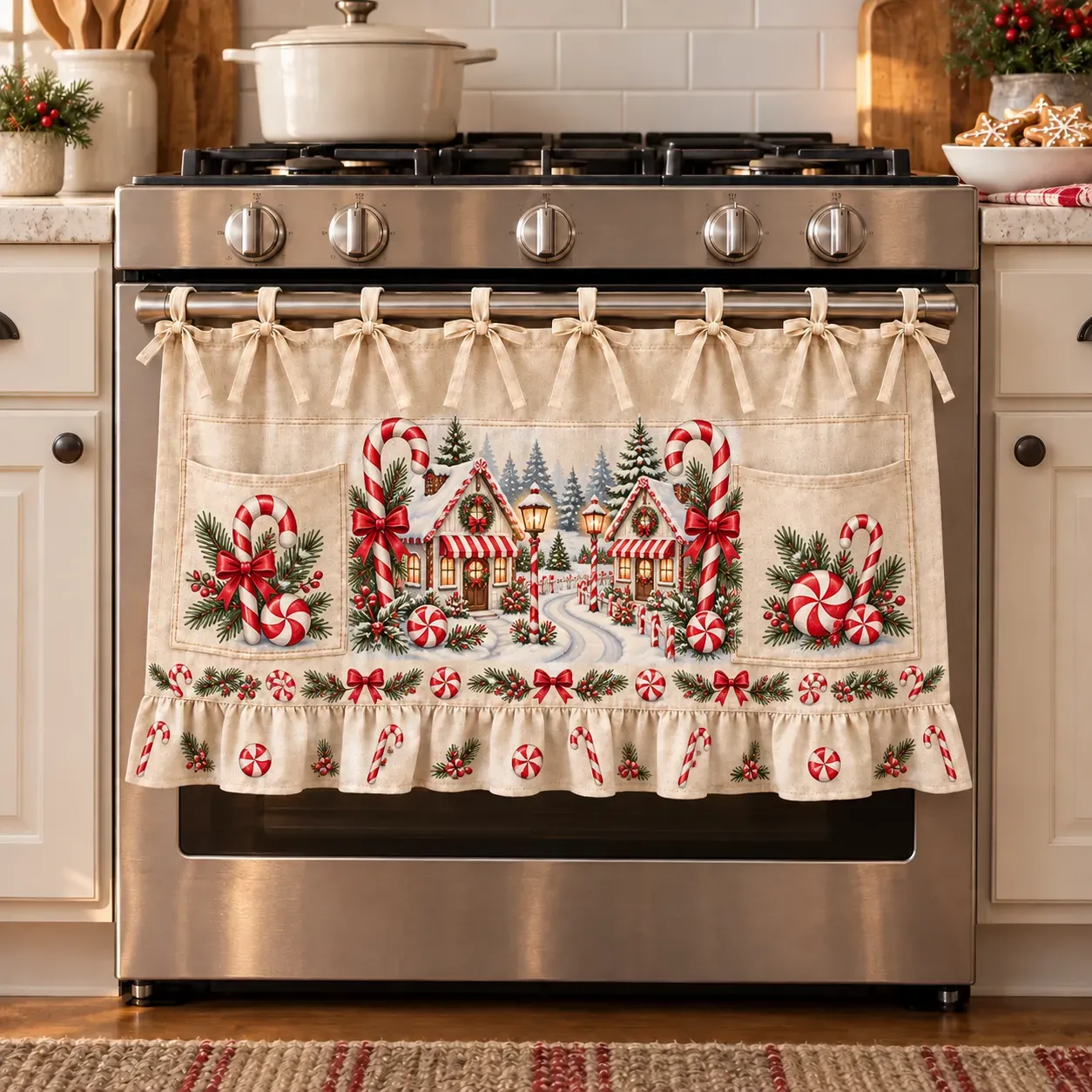 🎄 Christmas Kitchen Tie-On Skirt | Festive Holiday Designs with Pockets & Ruffled Trim ✨