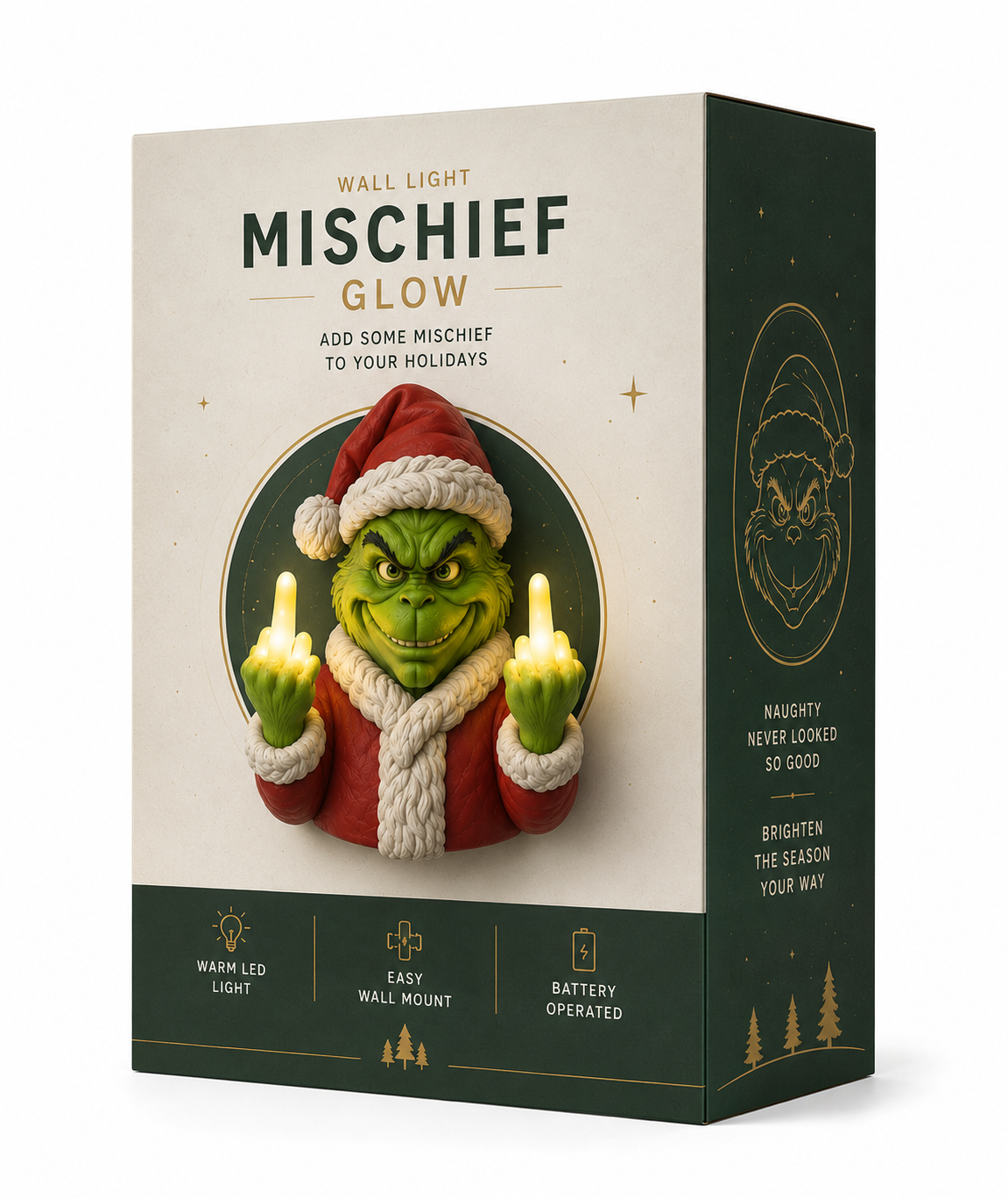 Holiday mischief wall light retail box showing warm LED, wall mount and battery operated features