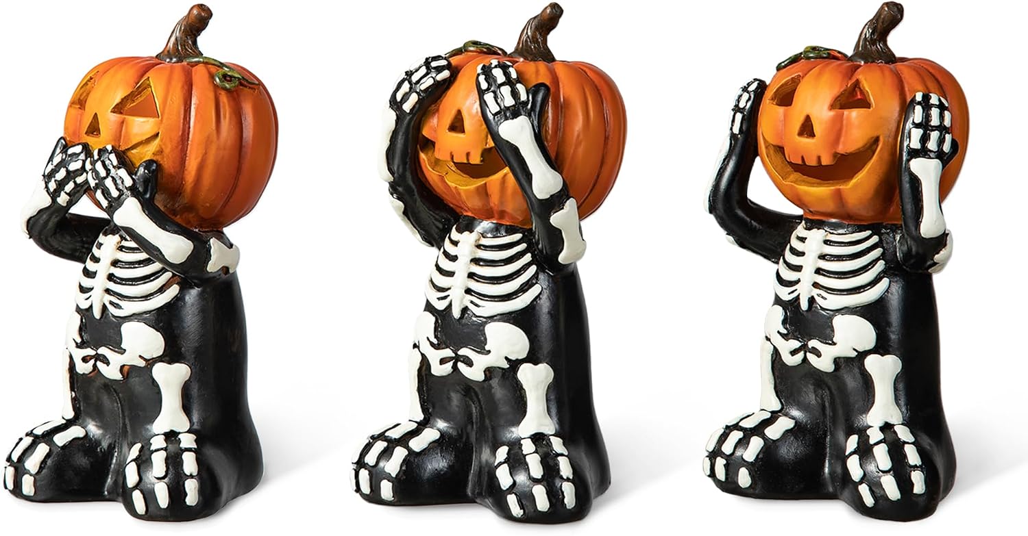 5.75" Jack-O'-Lantern Skull Figurine Statues | Collectible Halloween Decor (3-Pack)