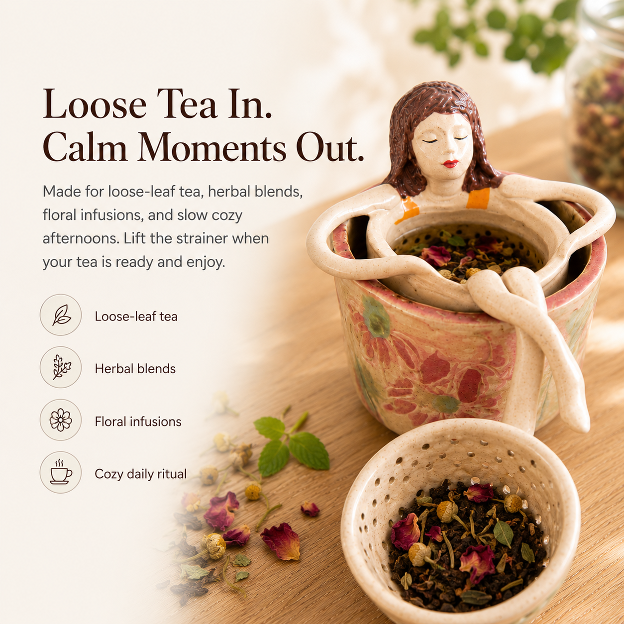 Whimsical Sitting Lady Ceramic Tea Strainer Collection