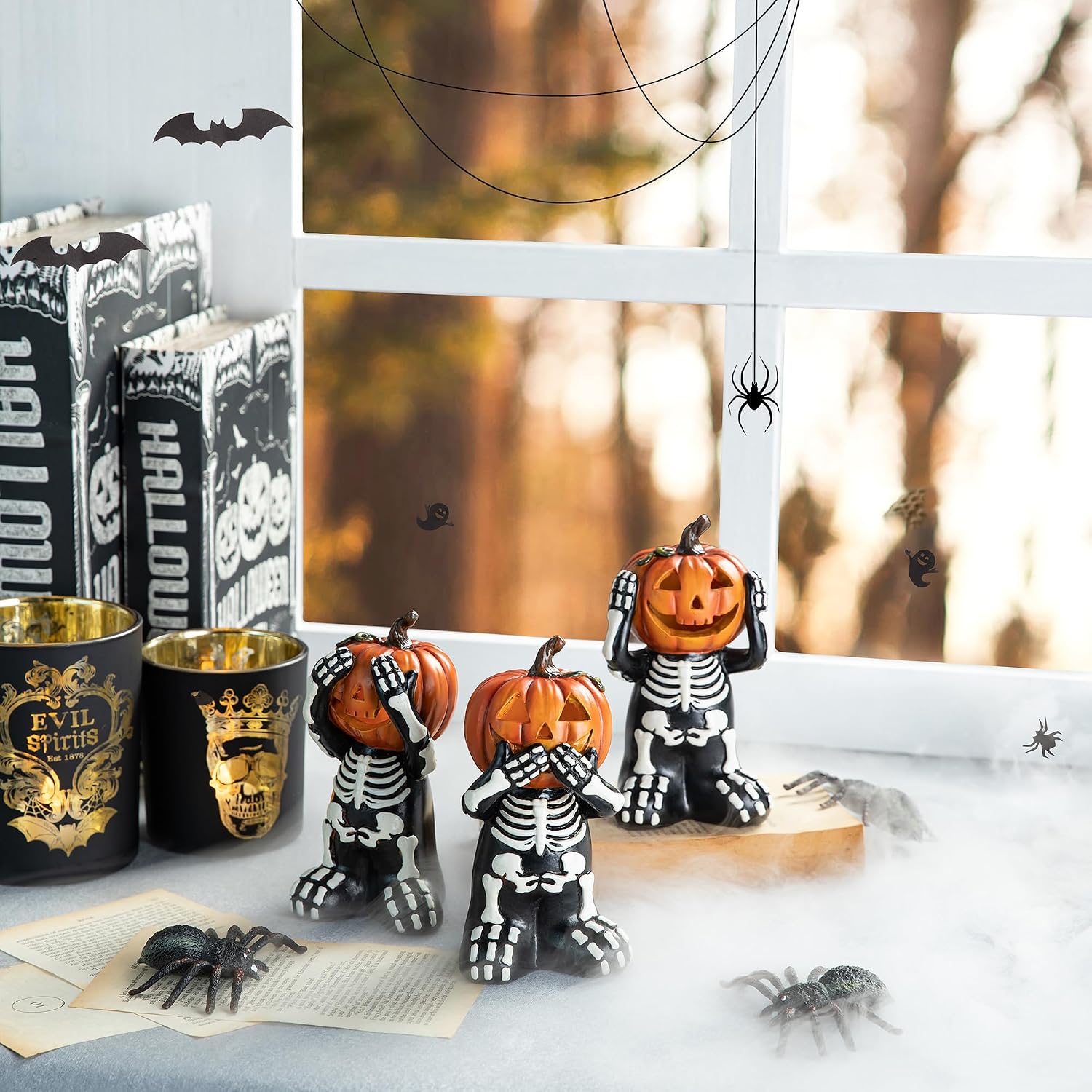 5.75" Jack-O'-Lantern Skull Figurine Statues | Collectible Halloween Decor (3-Pack)