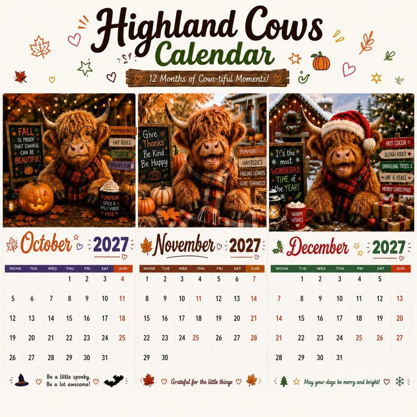 🐮2027 Funny Highland Cow Wall Calendar 